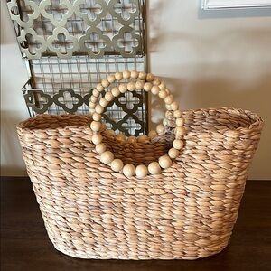 Woven Straw Tote with Beaded Handles